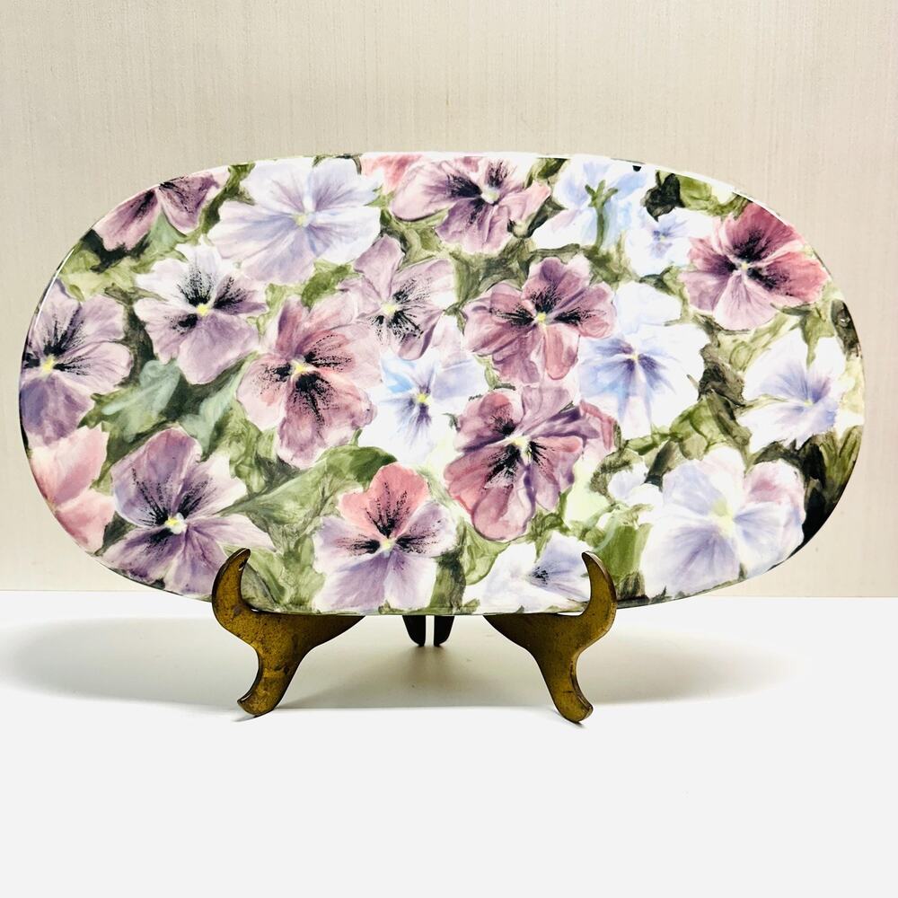 Vintage Art Studio Sheryl Cathers Porcelain Platter Pansies Hues of Purple